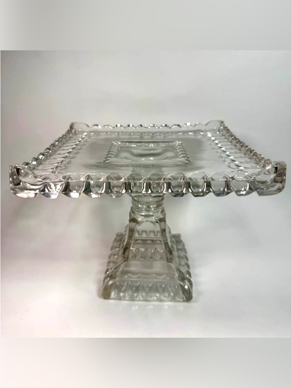 Antique c.1890 EAPG Adams “Crystal Wedding” Victorian Cake Stand - UV Reactive